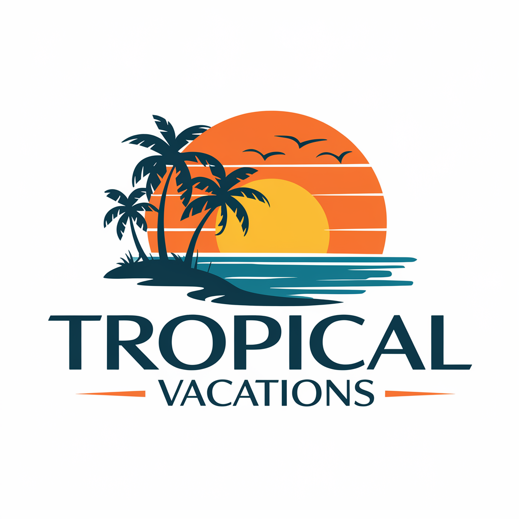 Create a logo for 'Tropical Vacations'. At the center, there's a vibrant sunset with hues of orange and yellow, depicting a setting sun behind a silhouette of palm trees. The sun is positioned above a body of water, which seems to represent a beach or coastline. Above the sun, there are three birds flying in the sky. The logo is predominantly in shades of blue and white, with the text 'TROPICAL VACATIONS' written below the sunset.