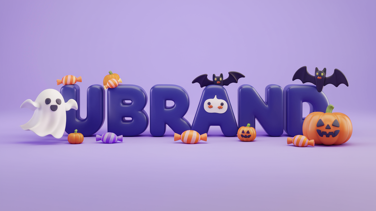 A 3D render of a playful and festive Halloween-themed design with the word 'ubrand' prominently displayed in bold, 3D letters. Each letter has a unique Halloween decoration attached to it. On the left side, there's a ghost with a cheerful expression. On the right, there's a cute pumpkin with a carved face. Surrounding these central figures are various Halloween-themed decorations, including colorful candies, a bat, and more pumpkins. The entire scene is set against a soft purple background.