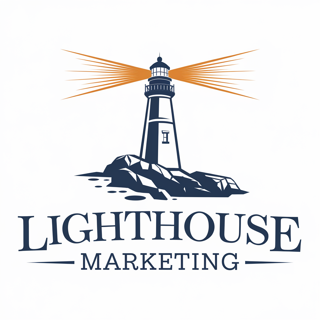 A lighthouse situated on rocky terrain, with beams of light emanating from its top. The lighthouse is predominantly blue and white, with the light rays depicted in a radiant orange hue. Below the lighthouse, the words 'LIGHTHOUSE MARKETING' are written in elegant, capitalized letters. The entire composition is set against a white background, giving it a clean and professional look.