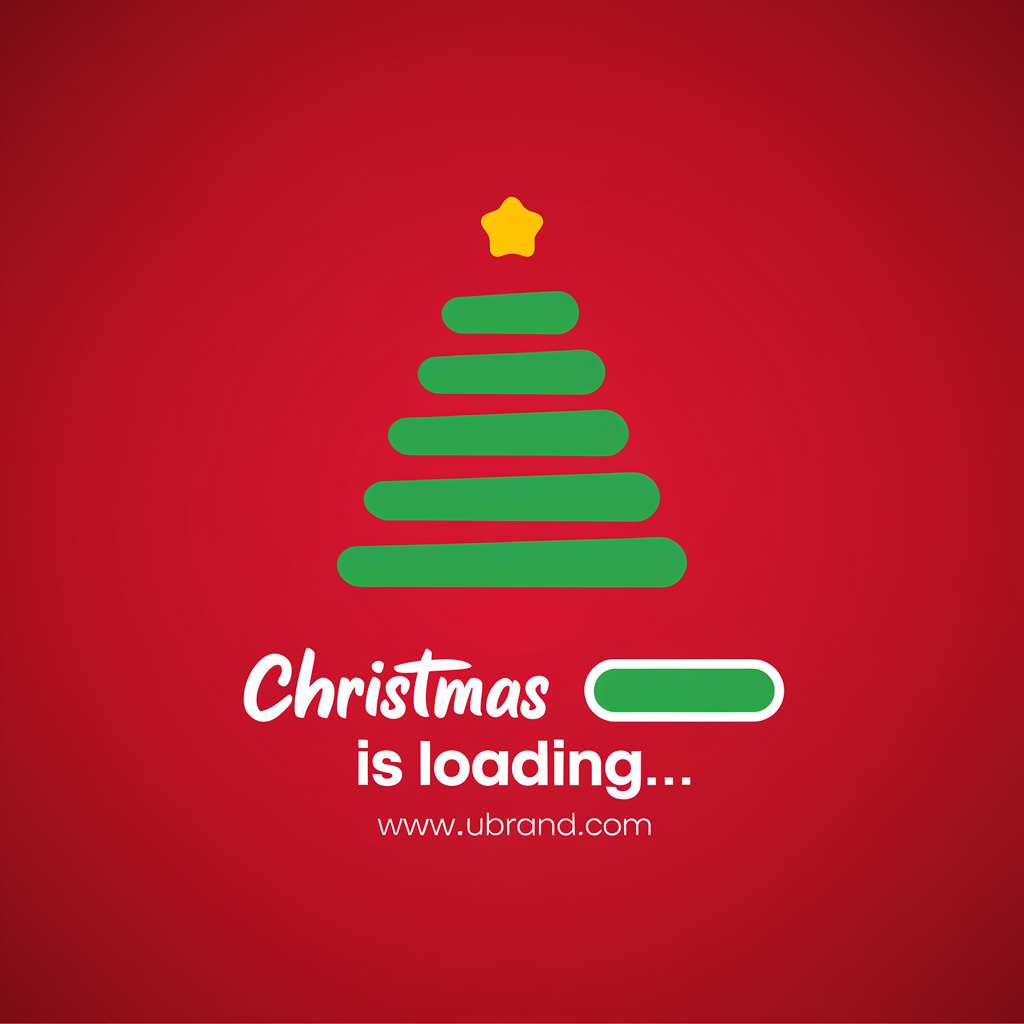 A vibrant red background with a creatively designed Christmas tree. The tree is made up of green horizontal lines, resembling stacked rings, and is topped with a yellow star. Below the tree, there's a textual element that reads 'CHRISTMAS IS LOADING...' and a website address 'www.ubrand.com'. The overall theme seems to be a playful take on the loading indicators commonly seen on websites, merging it with the festive spirit of Christmas.