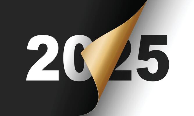 A graphic design where the number '2025' is prominently displayed. The year '2025' is written in bold white letters against a black background. To the right side of the number, there's a curved golden edge, revealing a portion of the number '2025' underneath. The design gives an impression of unveiling or revealing something new or significant for the year 2025.