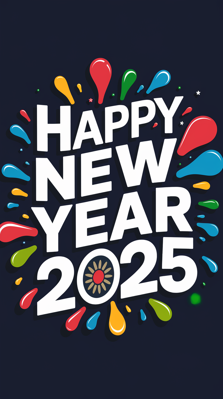 A vibrant and colorful design for the year 2025. The background is a deep navy blue, and the text 'happy new year 2025' is prominently displayed in white, with a decorative and modern font. Surrounding the text are colorful droplets or splashes in various shades of red, blue, green, and yellow. These droplets seem to radiate outwards, giving the design a dynamic and celebratory feel.