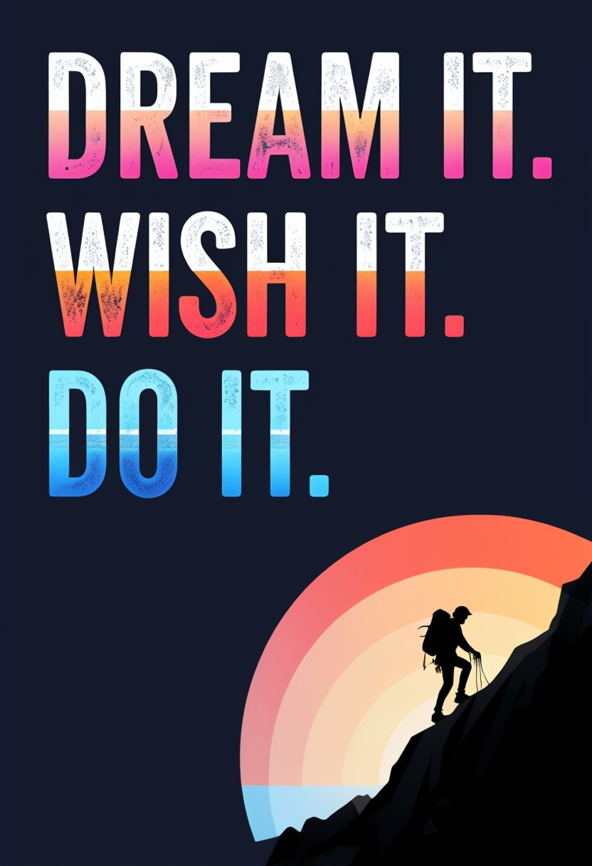 A motivational phrase 'DREAM IT. Wish IT. Do IT.' written in gradient colors, transitioning from pink to orange to blue. Below the text, there's a silhouette of a person climbing a steep mountain, with the sun setting or rising in the background, casting a gradient of colors from orange to blue. The person appears to be equipped with climbing gear, including a backpack and a helmet.