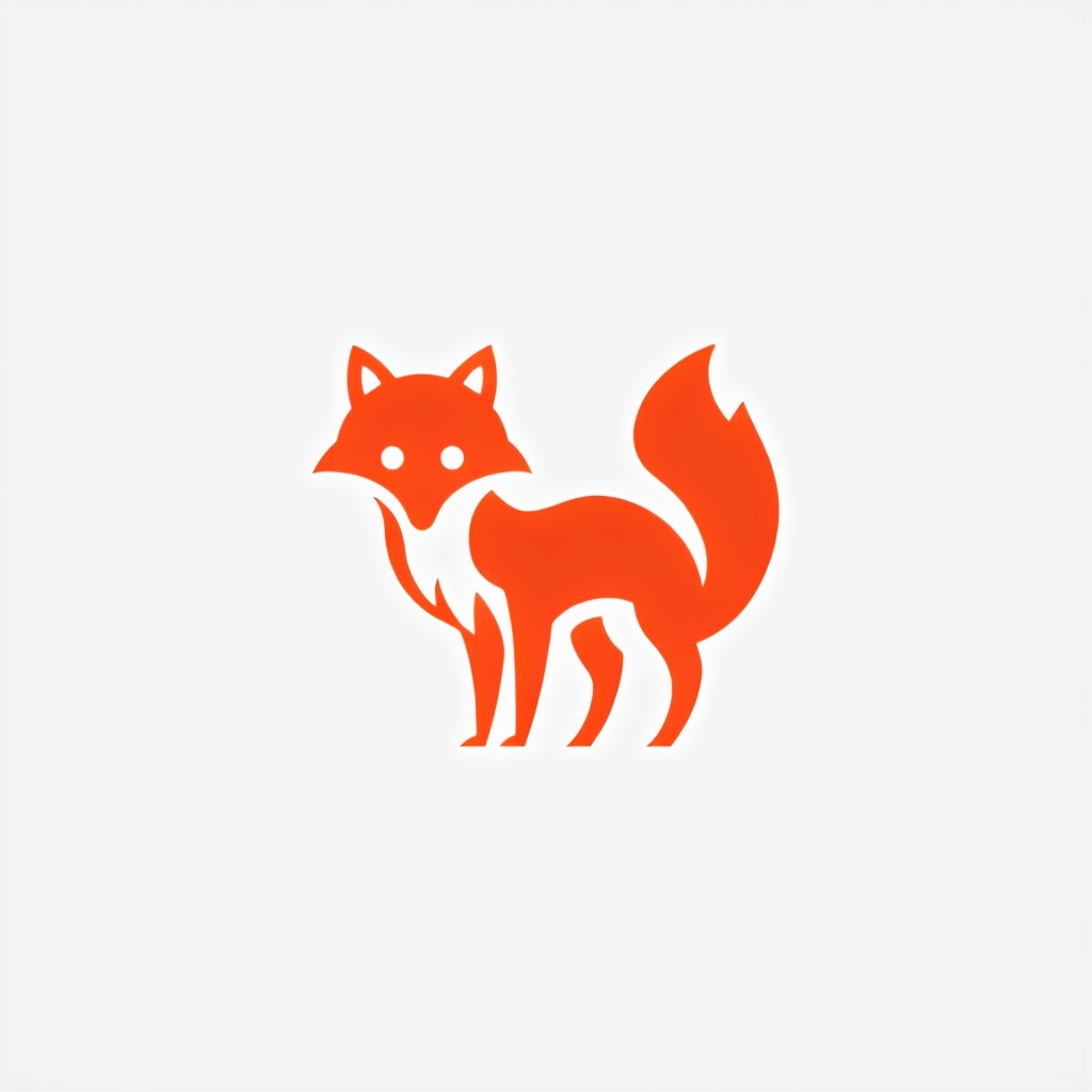 A stylized, orange fox. The fox appears to be in a standing position, with its tail curled upwards. The fox's eyes are depicted as small, round, and black, giving it a curious and alert expression. The background of the image is plain white, emphasizing the fox as the central focus.