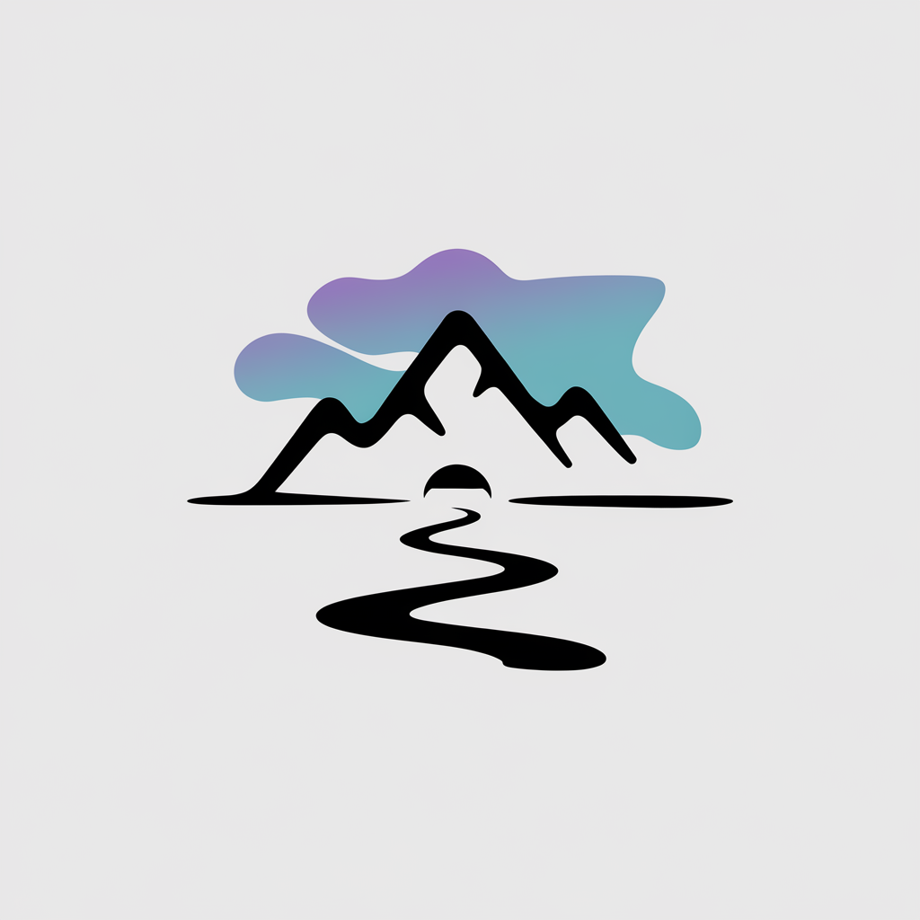 A minimalist logo icon with a white background, featuring a soft transition between elements. There is a stylized mountain range with a few peaks. Below the mountain range, there is a winding path that leads to a small, circular structure. The overall design is conceptual and thought-provoking, avoiding literal or recognizable images.