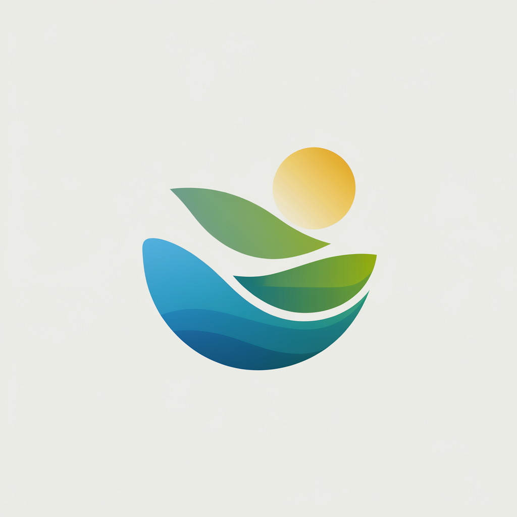 A minimalist logo icon design with a white background. There is a large, soft, curved line with a gradient from light blue to dark blue, representing the ocean. There is a small, soft, curved line with a gradient from light green to dark green, representing a leaf. There is a small, soft, curved line with a gradient from light yellow to dark yellow, representing the sun. The overall design is visually dynamic yet simple, with a conceptual and thought-provoking nature.