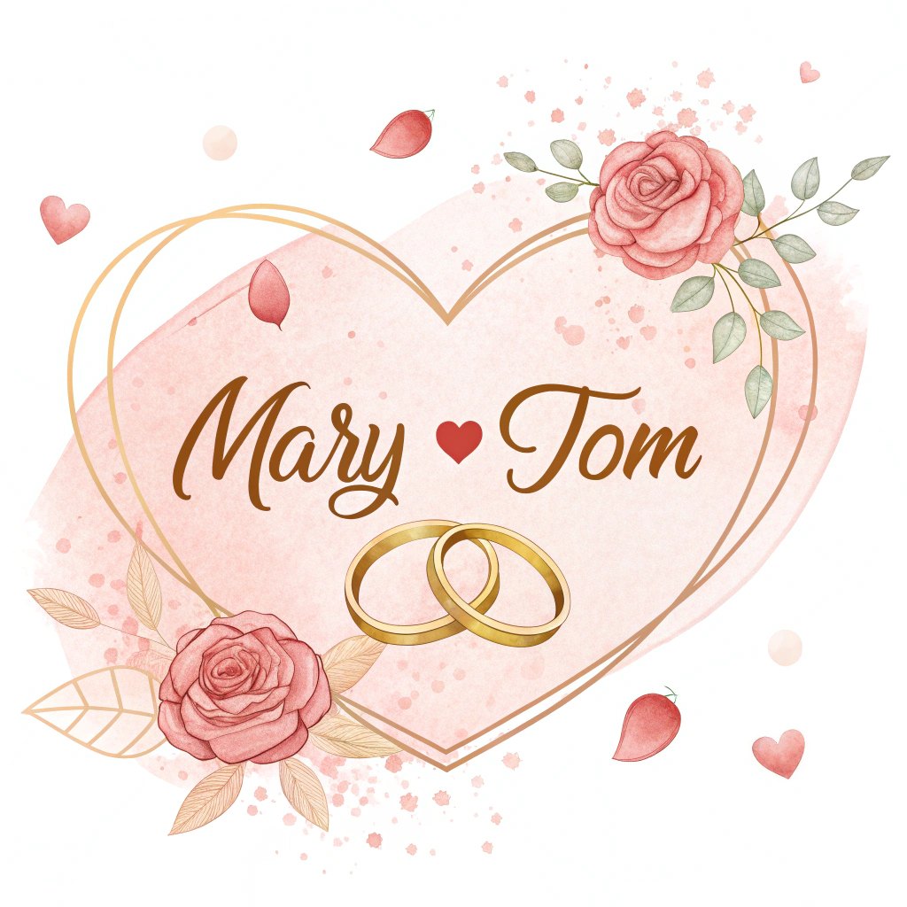 Romantic Valentine's Day logo design for couple names "Mary❤Tom" Watercolor hearts background with floating rose petals Gold cursive script with delicate floral swashes Pair of interlocking wedding rings at name connection Subtle glow effect and satin texture Palette: Blush pink/Dusty rose/24K gold Style: Modern romantic with vintage lace elements