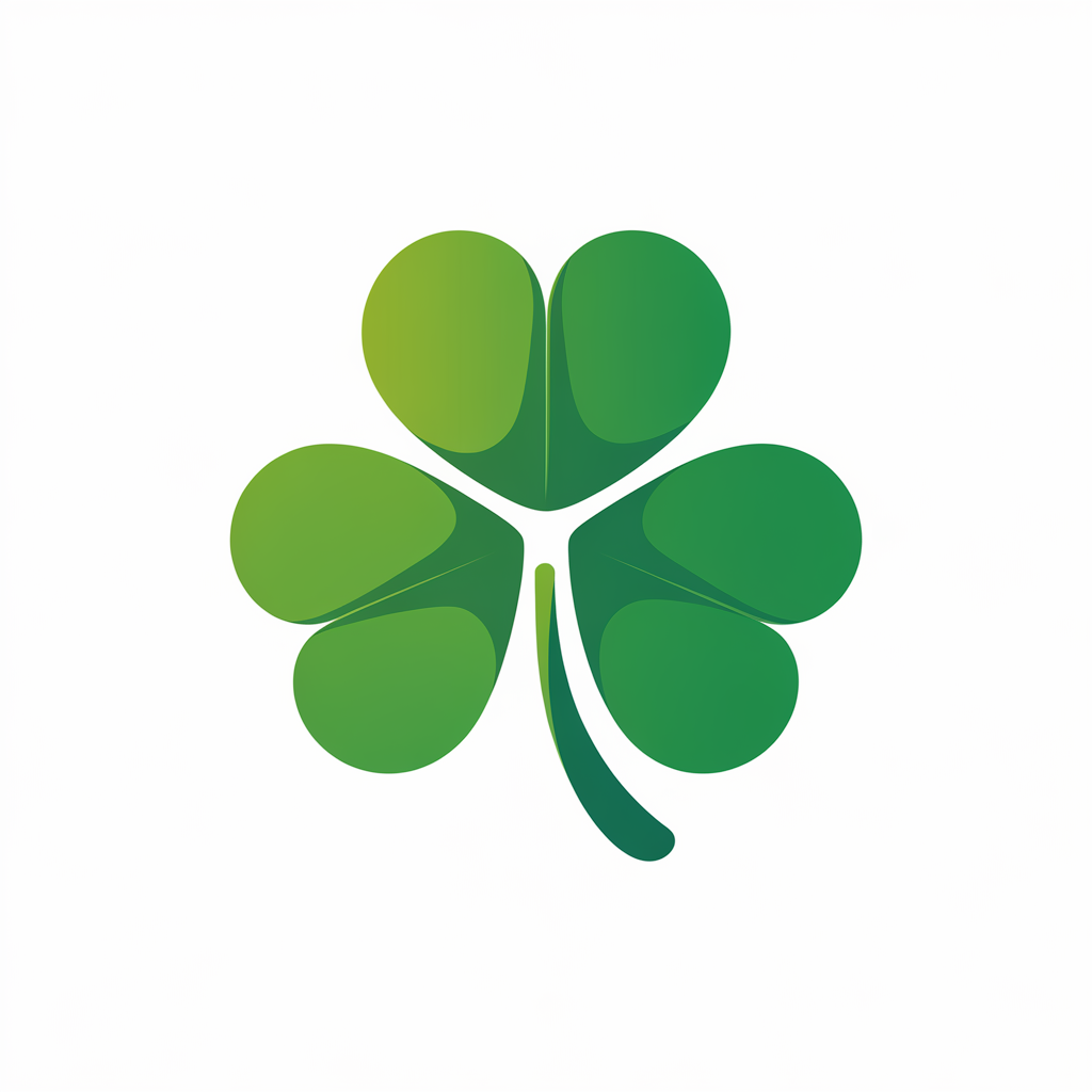 A logo icon design of a clover with smooth gradients. The clover is made up of four heart-shaped leaves. The leaves transition from a bright green at the base to a lighter green at the tip, creating a subtle gradient effect. The stem of the clover is a darker green, contrasting with the lighter leaves. The clover is placed on a white background.