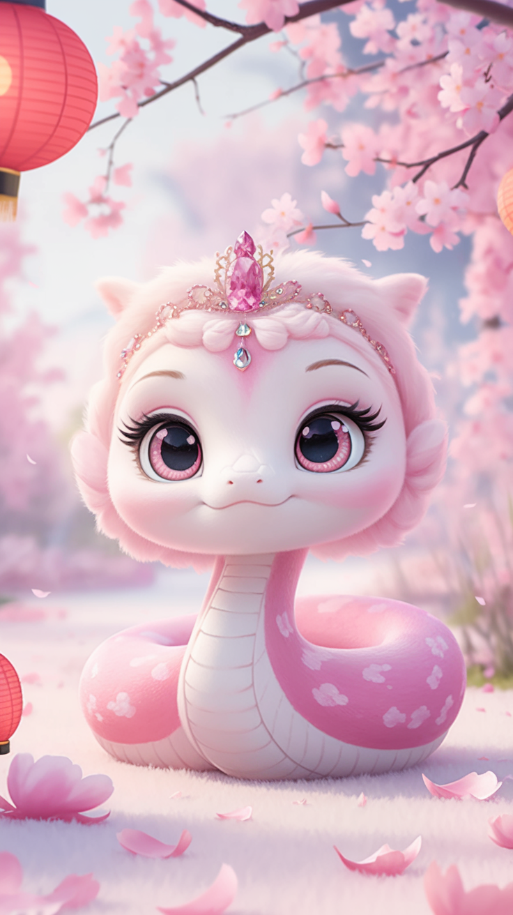 Let's imagine an enchanting, animated creature that takes on the elegant form of a snake, painted in hues of pink and white. This character's eyes are large and brimming with wonder, enhanced by the presence of a delicate tiara crowned with a pink gemstone, perfectly matching the fluffy white adornment atop its head. The scene is set in a tranquil garden filled with cherry blossom trees, where each branch is adorned with radiant red lanterns. The ground is a carpet of pink petals gently resting upon it, and in the immediate vicinity, two more red lanterns bring a sense of festive charm to the scene. The atmosphere is one of delicate beauty, blending softness and the joy of celebration into a dreamy tableau.