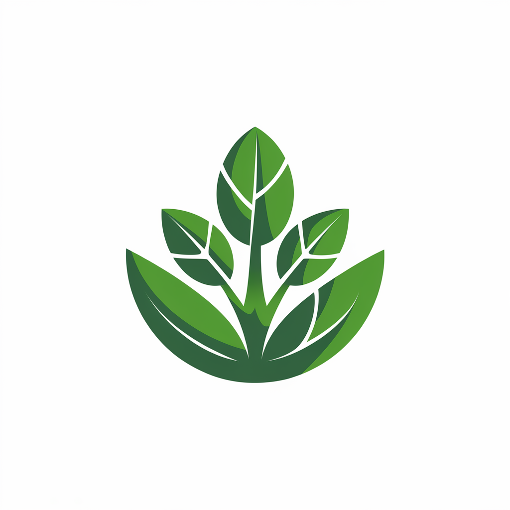 A minimalist logo icon design with a green herb leaf shape. The leaf has a few veins and is enclosed within a white circle. The background is white. The design is simple, with soft transitions between elements.