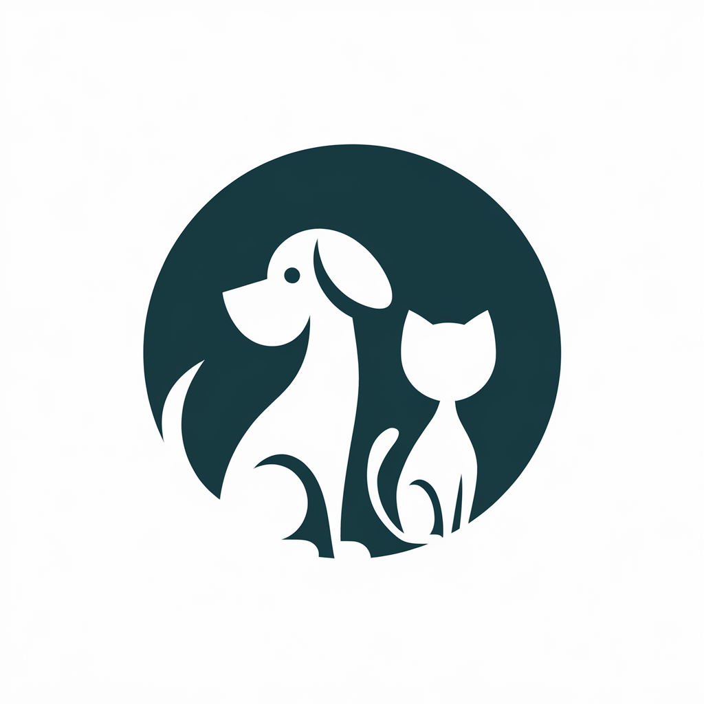 A minimalist logo icon design with a white background. The design consists of a white silhouette of a dog and a cat sitting next to each other. The dog is on the left, and the cat is on the right. There is a white circle around the silhouette of the dog and the cat. The circle has a soft transition between the white background and the white silhouette.