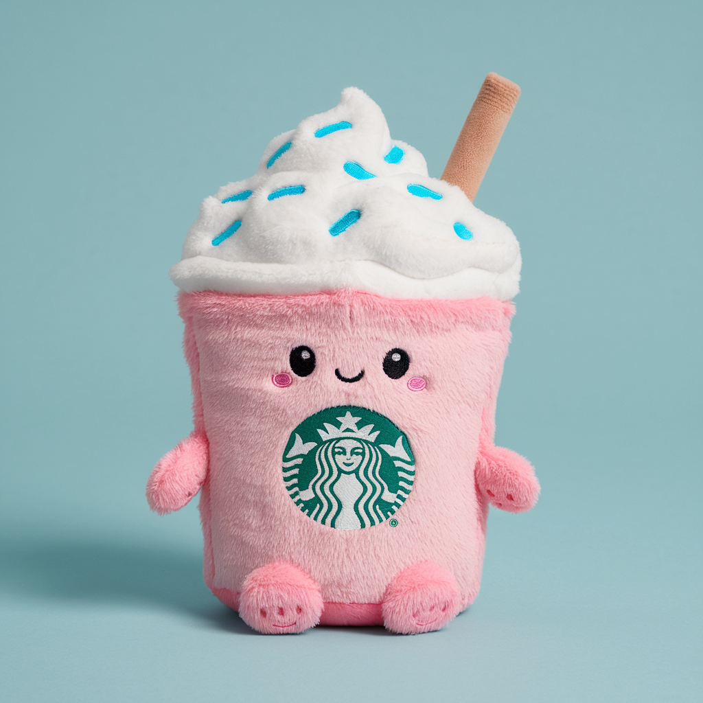 A photo of a fluffy plush toy resembling a Starbucks beverage, styled like a Jellycat creation. The toy has a cute coffee cup design with candy colors. The cup is pink, with a smiling face and little eyes, and has white fluffy frosting on top adorned with bright blue sprinkles. There's a playful twist with a brown straw sticking out from the top. The iconic Starbucks logo is subtly embroidered in green on the cup. The toy is standing upright with tiny feet and is set against a clean and solid light blue background, enhancing its adorable and whimsical appearance.