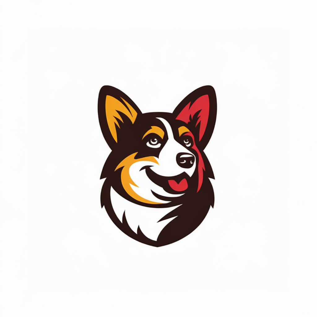 A stylized depiction of a dog's face, possibly a breed like the Border Collie or Corgi. The dog has a vibrant red and yellow color scheme, with large pointed ears, a distinctive white muzzle, and expressive eyes. The artwork is centered and appears to be a logo or emblem, given its clean and sharp design. There are no gradients in the colors, giving it a bold and flat look., logo icon