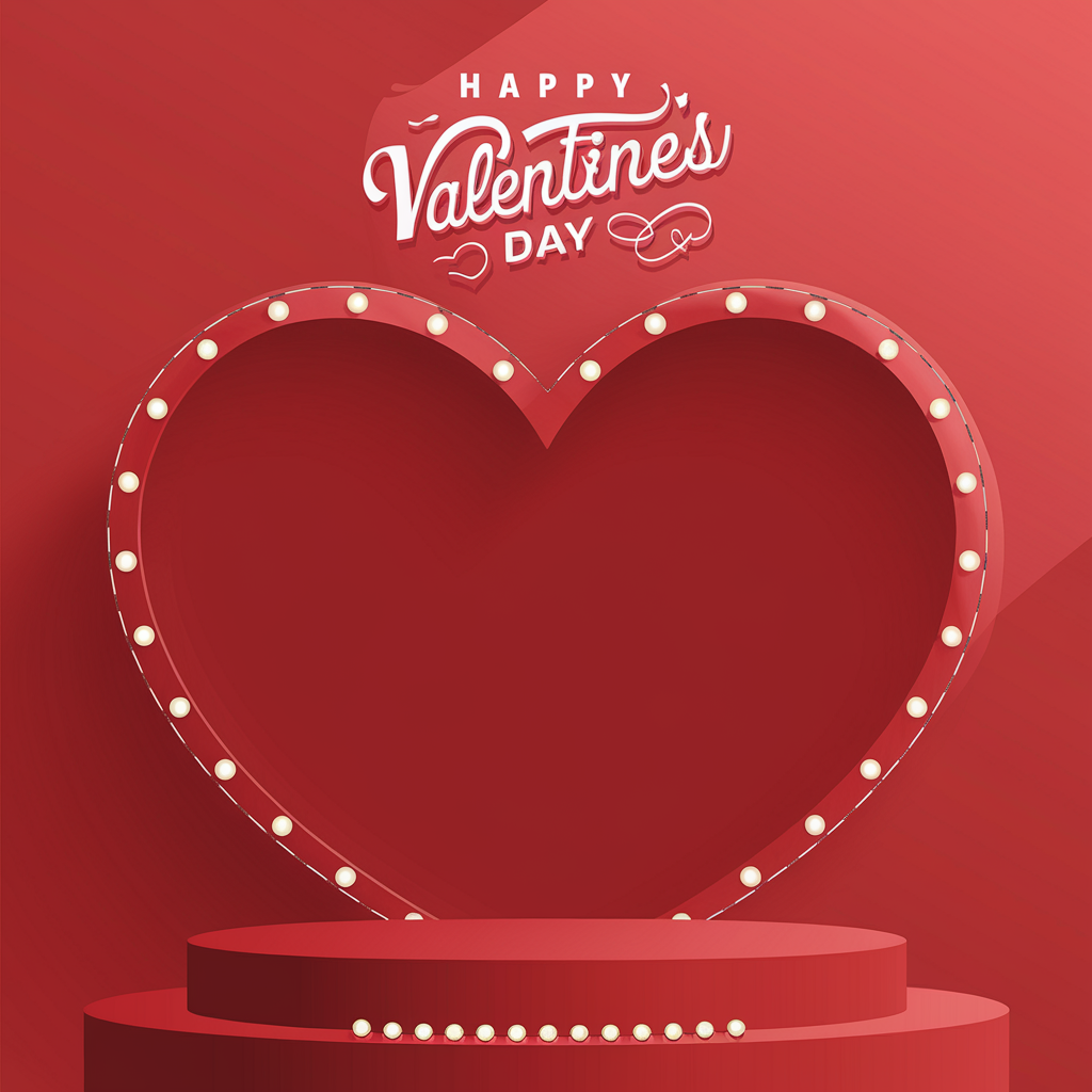 A vibrant red background with a large heart-shaped frame. The heart frame is adorned with a series of light bulbs along its perimeter. Above the heart, there's a white textual element that reads "Happy Valentine's Day". At the bottom of the image, there's a cylindrical platform or stage, also in a shade of red. The overall theme appears to be romantic and celebratory, likely associated with Valentine's Day.