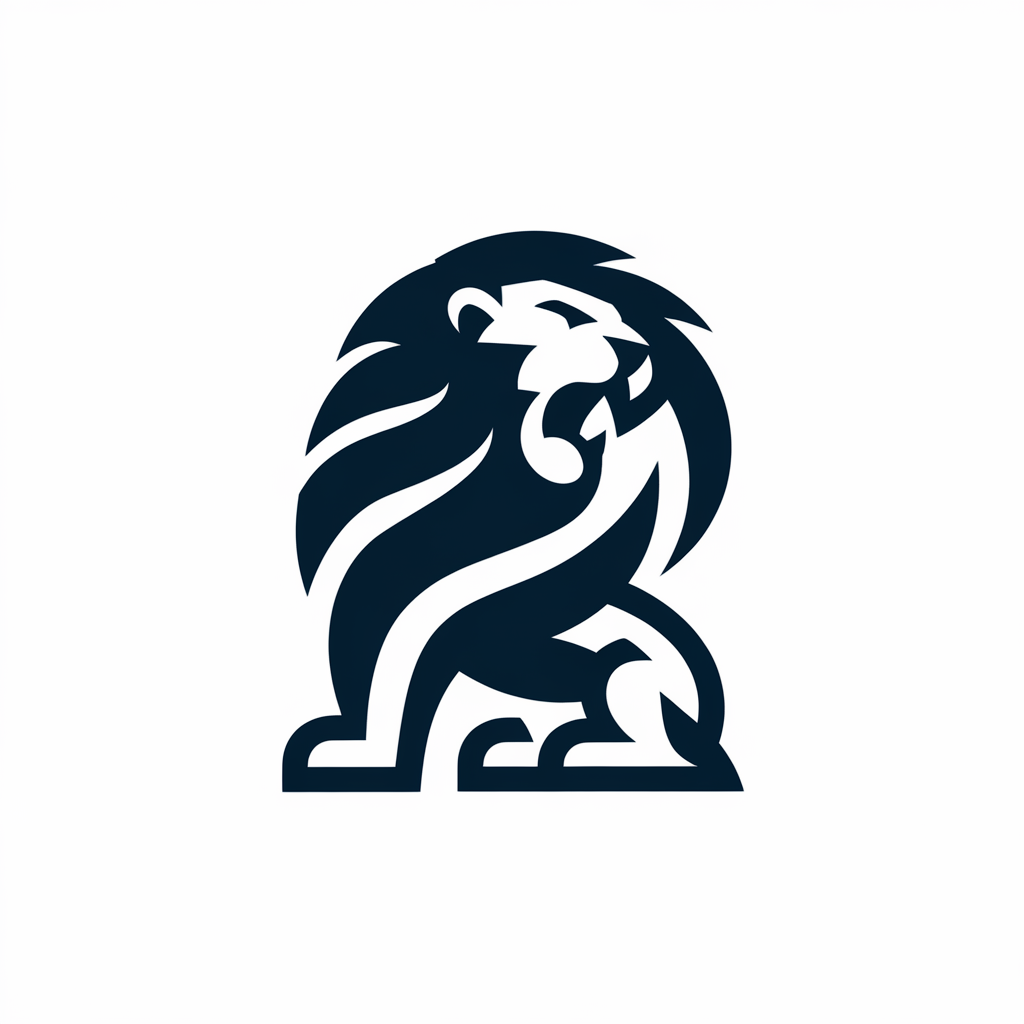 A logo icon design with a white background. The logo features a bold silhouette of a roaring lion with its mouth open, symbolizing the brand. The lion's body is in a sitting position, with its front paws outstretched. The design has a strong visual presence and is easily recognizable at any size. The lion's mane is long and full, with a dark tone that contrasts with the white background. The lion's body is solid and sharp, with a sleek and simple design. The logo also uses negative space to enhance its meaning and add depth.