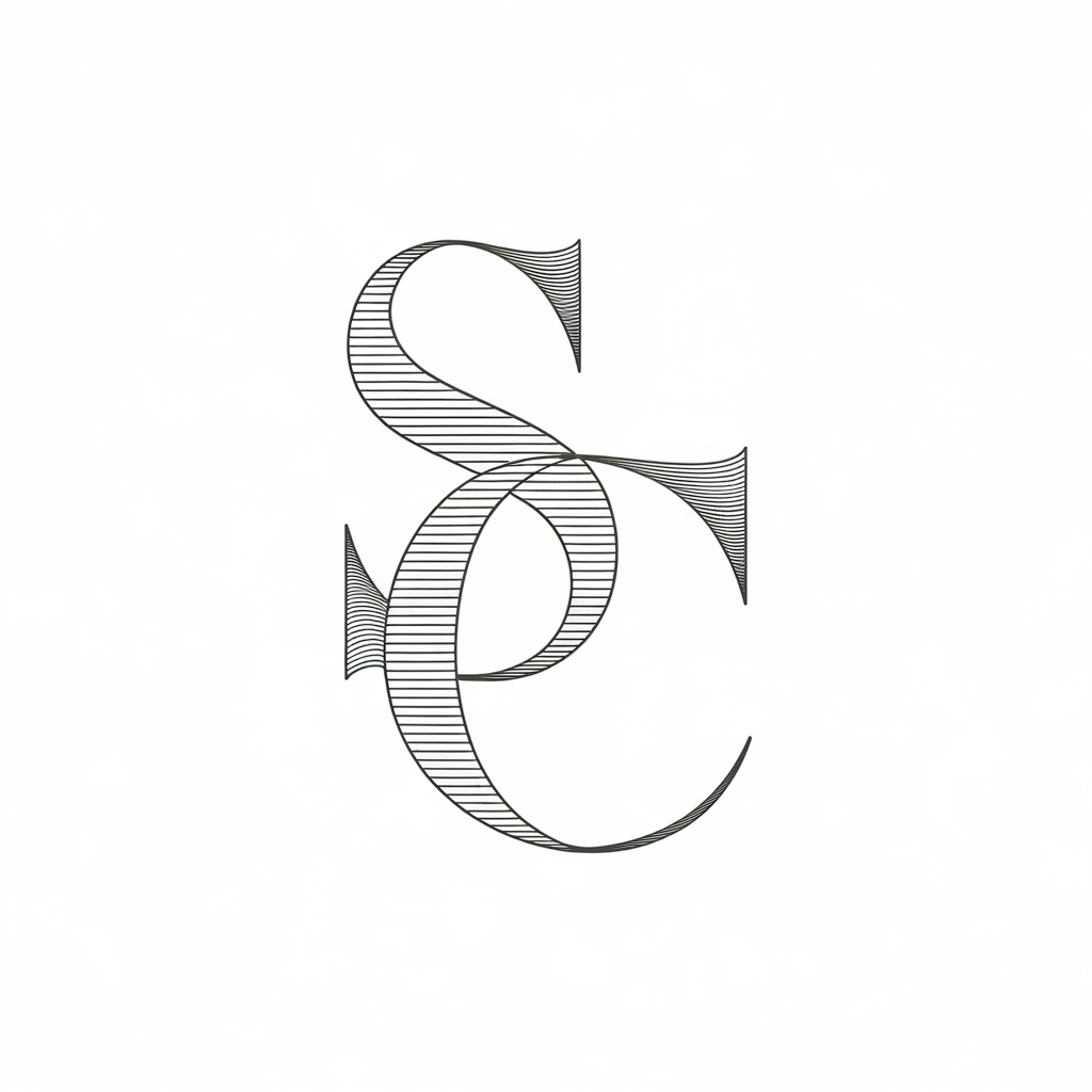 A logo icon design with the initials "SC" in a stylized, interwoven font. The letters are made of elegant, flowing lines and have a sense of unity. The design is artistic and legible, with clean lines and balanced spacing. The letters are in a modern typography style and have a unique font that adds personality while maintaining simplicity and sophistication. The background is white.