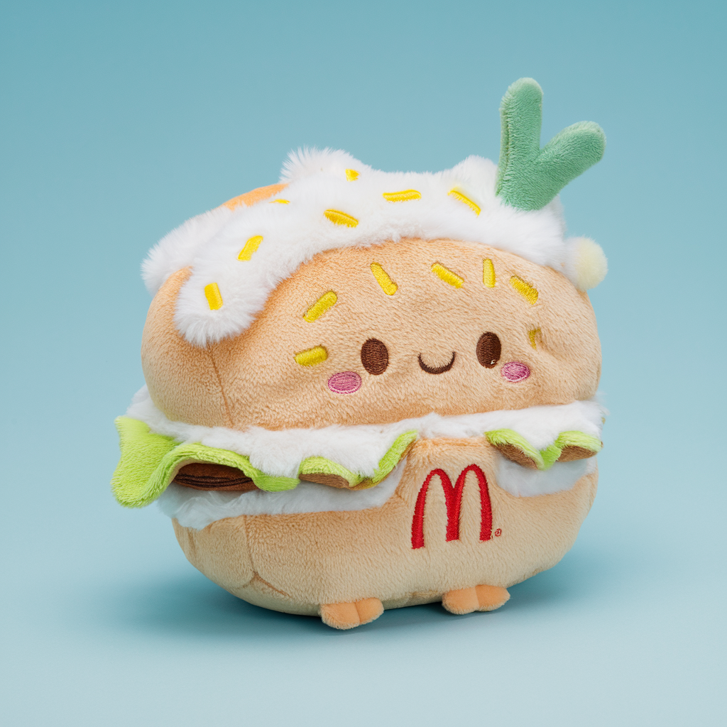 A photo of a fluffy plush toy resembling a McDonald's burger, styled like a Jellycat creation. The toy has a cute burger design with playful colors. The bun is a light brown, with a smiling face and little eyes. There's white fluffy cheese on top adorned with bright yellow sprinkles. There's a playful twist with a green leaf sticking out from the side. The iconic McDonald's logo is subtly embroidered in red on the bun. The toy is standing upright with tiny feet and is set against a clean and solid light blue background, enhancing its adorable and whimsical appearance.