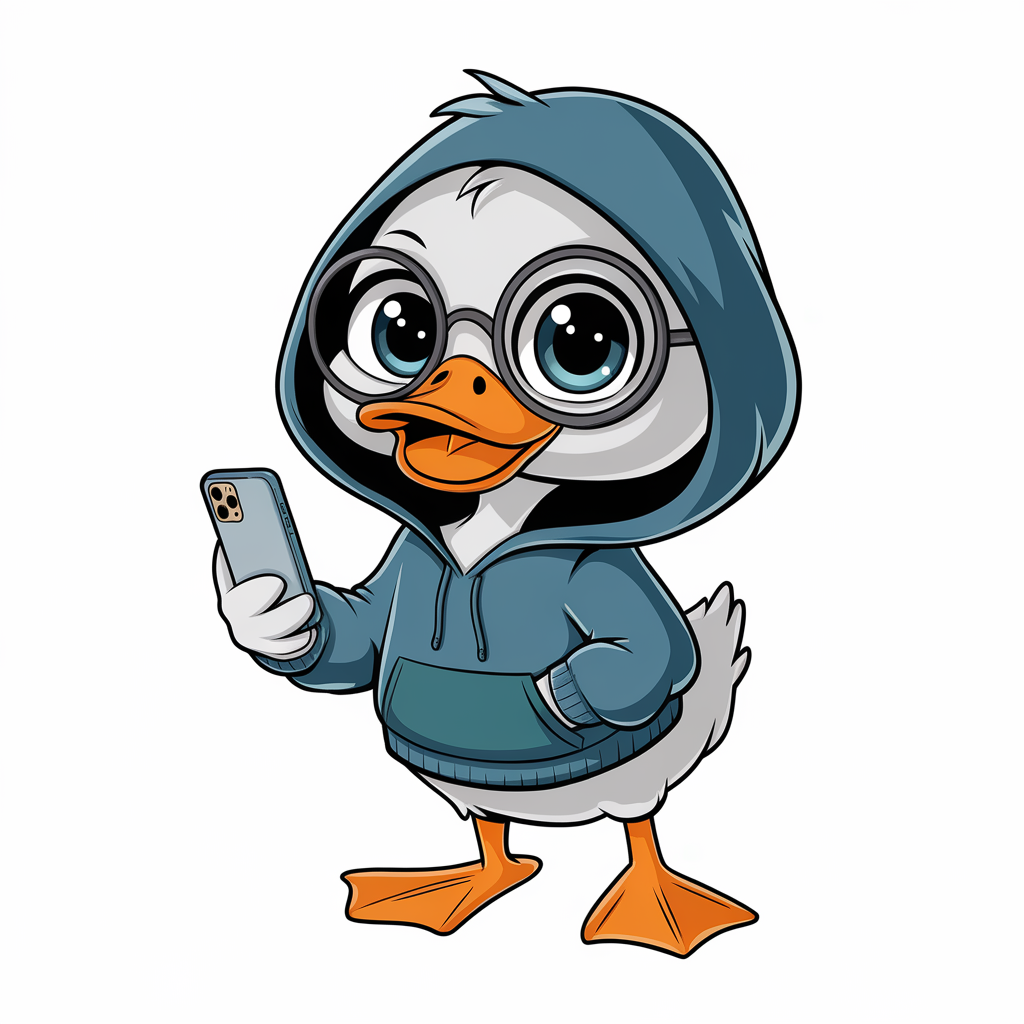 An illustration of a cute, tech-themed duck with oversized eyes and a smile. The duck is wearing a pair of glasses and a hoodie. It's holding a smartphone in its webbed foot. The background is white.