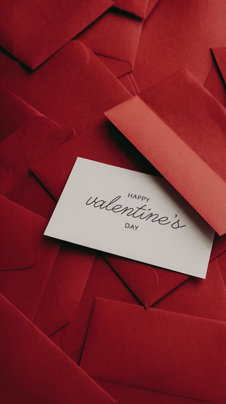 A collection of red envelopes scattered in an overlapping manner. At the center, there's a white card with the text 'Happy Valentine's Day' written in cursive. The card is prominently visible, showcasing the full phrase perfectly aligned. The overall color palette is dominated by shades of red and white, creating a warm and romantic ambiance, perfect for expressing sentiments on the special day. 🌹