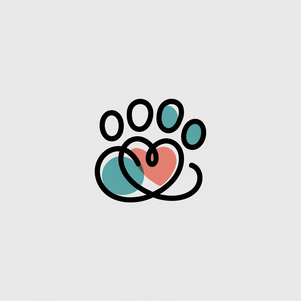 A minimalist logo icon design with a white background. There is a simple line drawing of a paw print and a heart. The paw print and heart are connected by a curved line. The design is conceptual and thought-provoking, using soft transitions between elements to create a visually dynamic yet simple logo.