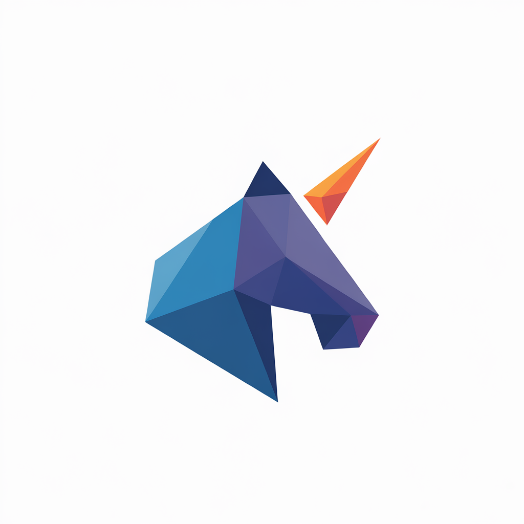 Create a stylized and abstract image of a unicorn's head, using geometric shapes and predominantly blue and purple shades. Position these colors against a white background for contrast. The unicorn's horn, on the right side of its head, should stand out with a vibrant orange hue. Ensure the overall appearance is minimalist and modern, emphasizing the unicorn's features through its geometric construction., logo icon