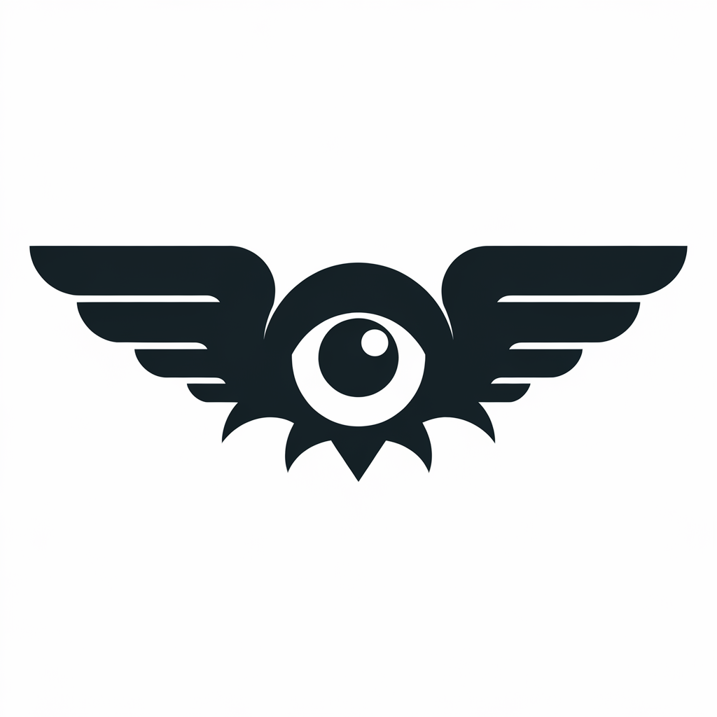 A logo icon design featuring a bold silhouette of an eye with wings. The eye has a large iris and pupil, while the wings are outstretched behind the eye. The wings have a slight curve. The overall design is in dark tones, with the eye and wings being black. The background is white.