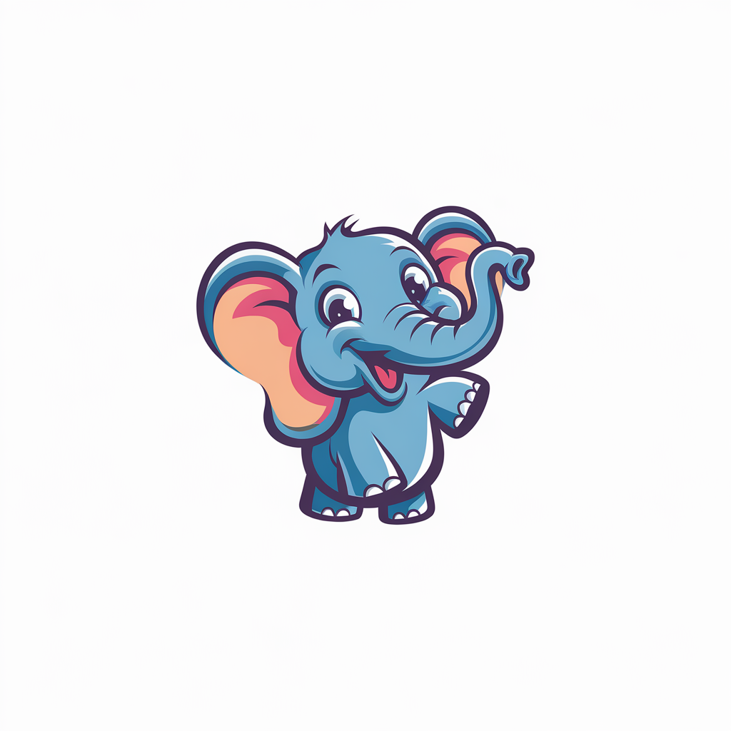 A logo icon design of a splendid elephant with a white background. The elephant has a fun, playful, and exaggerated cartoonish style. It has rounded shapes, bright, bold colors, and whimsical features that evoke a sense of joy and approachability. The elephant is standing on its hind legs, with its trunk raised up in the air. The elephant has large, expressive eyes and a smiling face. The design is simple yet full of personality, appealing to both children and adults, and ensuring the logo is fun but easily recognizable.