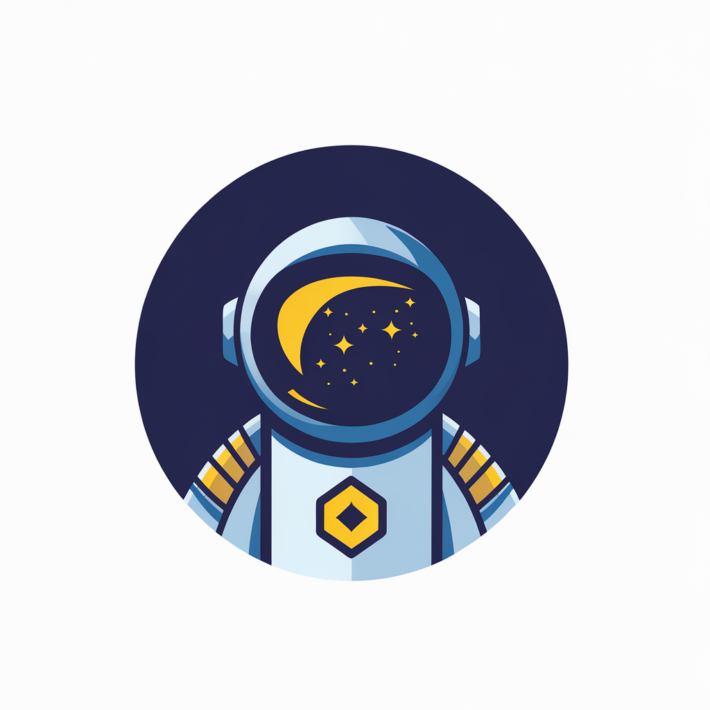 A stylized astronaut or space explorer. The figure is depicted in shades of blue, with a yellow visor. The visor displays a small reflection of a starry night sky, in twinkling shades of yellow. The astronaut's suit is detailed with a diamond-shaped emblem on the chest, accented in yellow. The entire figure is set against a circular background, emphasizing its central position. The combination of blue and yellow creates a vibrant contrast, evoking the vastness of space and the brightness of stars., logo icon