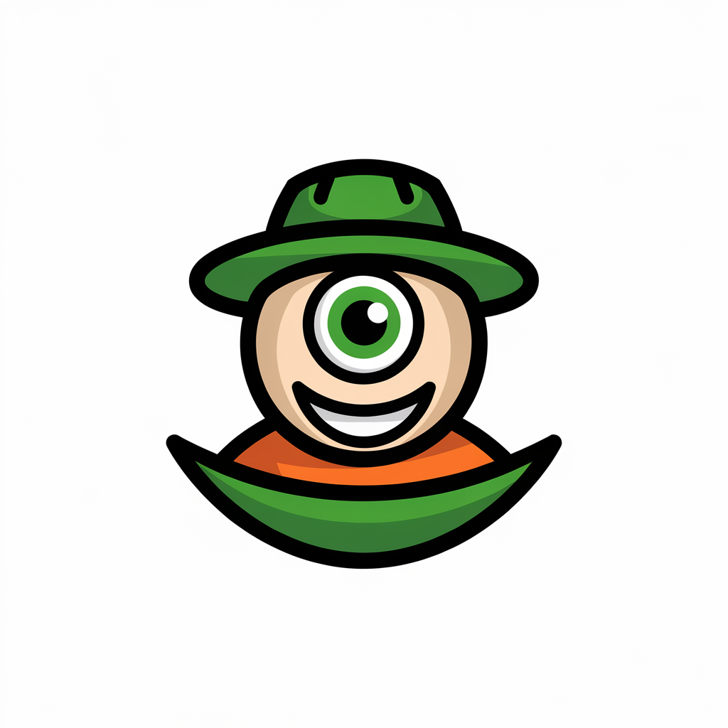 A logo icon design featuring a cartoonish, fun, and playful style of a hunter with a large, green eye and a wide smile. The hunter is wearing a green hat and an orange shirt. The hunter is standing on a green platform. The background is white.