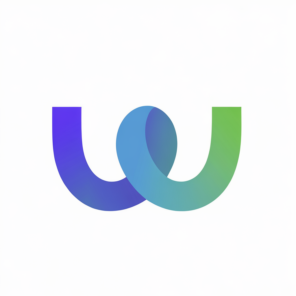 A logo featuring the letters 'U' and 'W' intertwined. The 'U' is in solid blue, and the 'W' is in solid green without a gradient. The design remains modern and minimalistic, with the letters overlapping each other in a circular fashion. The background is white, and there's a small text at the bottom right corner that reads 'Wish'. This version retains the contemporary feel while simplifying the color scheme., logo icon