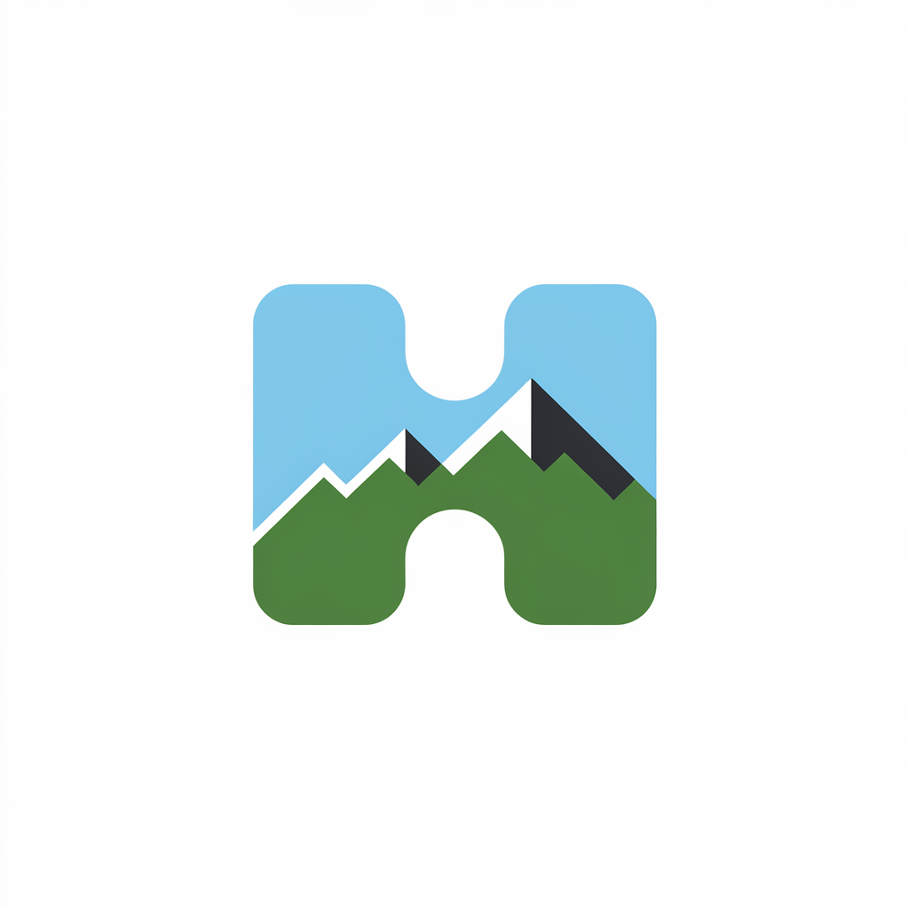 A logo with a very very simple design of two mountains with the shape of an "H". The mountains are made of clean, two-dimensional shapes and are placed side by side. The mountains are in front of a clear sky. The logo is on a white background. The overall design follows the flat design principles and is visually clear and immediately recognizable.