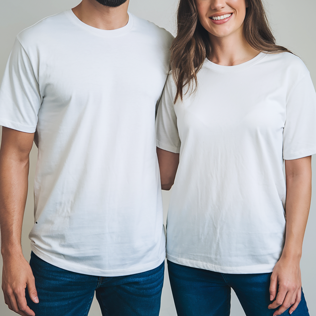 Two models, a man and a woman, are standing side by side in white t-shirts. The man, who has a beard, is wearing blue jeans and the woman, with long brown hair, is also in blue jeans. They are positioned against a plain studio backdrop, and there is a 'Cloverleaf Clothing' watermark in the corner of the image, indicating this is a mockup for a clothing line.