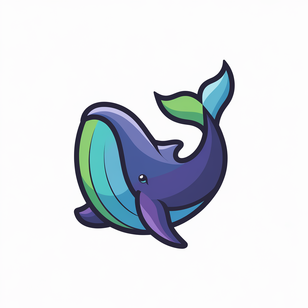 A stylized multicolored whale, featuring shades of blue, green, and purple. The whale appears to be swimming, with its mouth open, revealing a vibrant turquoise interior. The tail fin is prominently displayed, curving upwards and featuring a gradient of colors. The whale is positioned centrally in the image, with its body extending from the bottom to the top.,logo icon