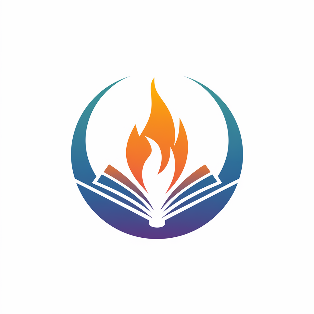 A minimalist logo icon design with a white background. There is a flame rising up from the bottom, and at the top of the flame, there's a small book. The flame and the book are orange, and they are contained within a circle. The circle is blue and has a soft transition into the white background. The overall design is conceptual and thought-provoking, with a focus on creative expression through shapes and lines.