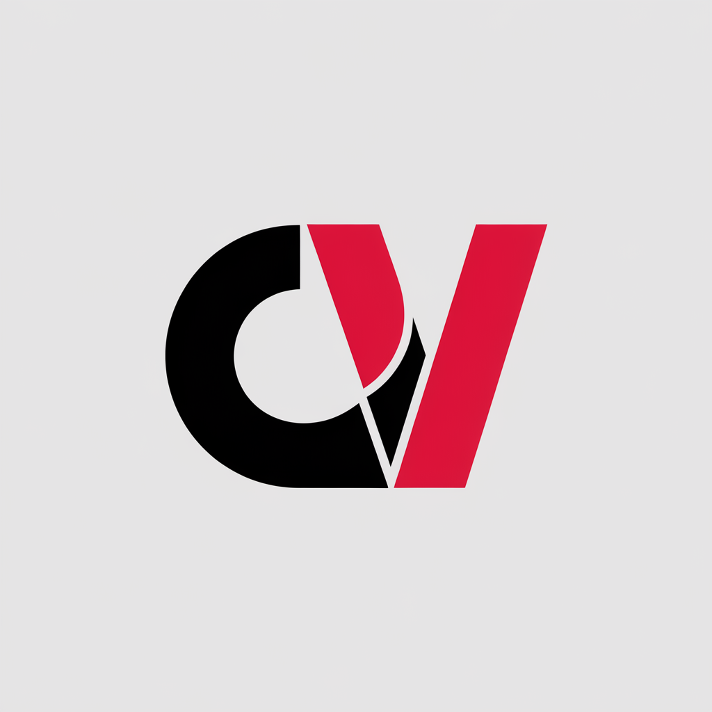 A minimalist logo icon with a black "C" and a red "V" connected by a white line. The "C" is on the left and the "V" is on the right. The background is white.