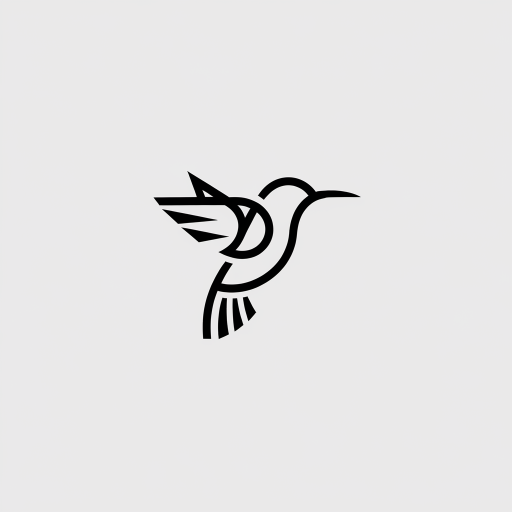 A minimalist logo icon design with a white background. The design consists of a hummingbird with outstretched wings. The hummingbird is made up of abstract shapes and lines, with soft transitions between elements. The overall design is visually dynamic and simple, with a conceptual and thought-provoking nature.