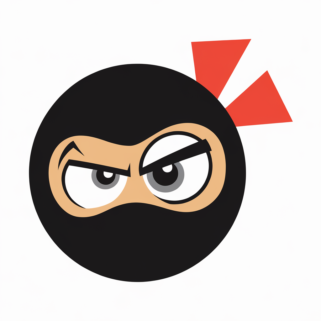 Imagine a whimsical, cartoon-style emblem with a round shape and a black background. In the center, there's a large, exaggeratedly oval-shaped eye with a white sclera and a slightly squinting look, giving it a quirky and mischievous expression. The outline of the eye is bold to emphasize the cartoon style. Beside the eye on the right side, there's a bright red triangular shape, resembling a playful bow or a comic-style flag. The overall design has simplified lines and vibrant colors, which makes it look lively and humorous while retaining a subtle hint of mystery, akin to a sneaky ninja character in a kids' animated show.,logo icon